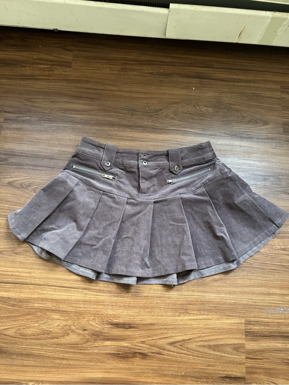 Pleated Corduroy Skater Mini Skirt in Gray-Brown